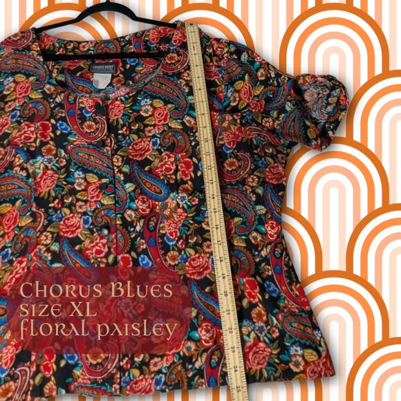 Vintage Chorus Blues Floral Paisley Blouse Size XL 100% Cotton - Picture 5 of 8